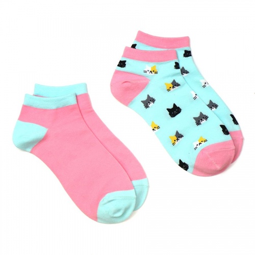 Blue & Pink Mix Cat Print Sock Duo in Organic & Recycled Blend by Peace of Mind